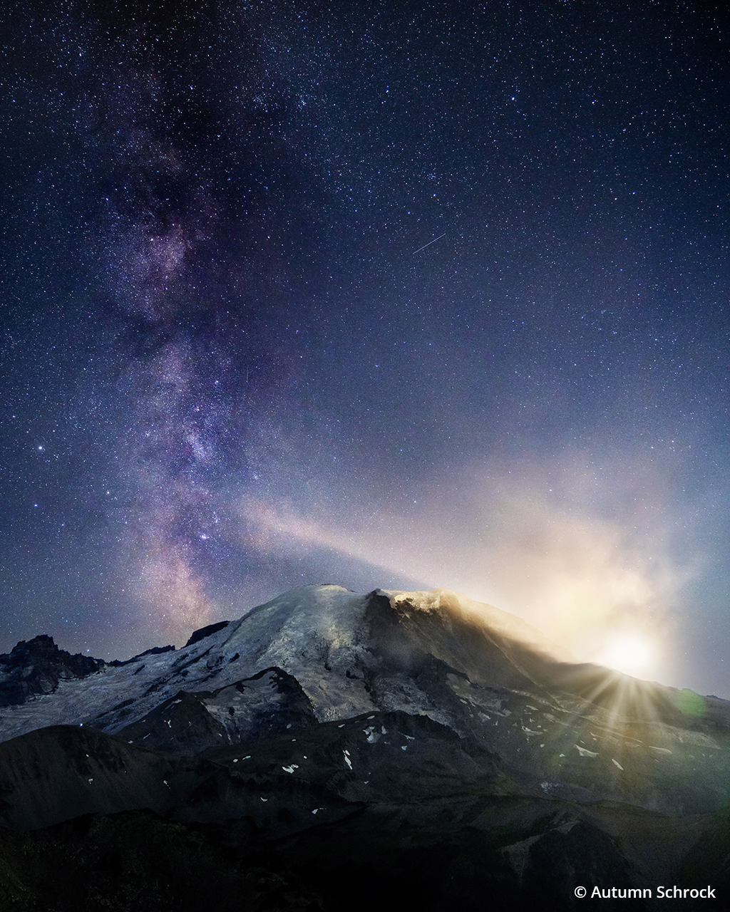 Photograph of the moon and Milky Way at Mount Rainier National Park.