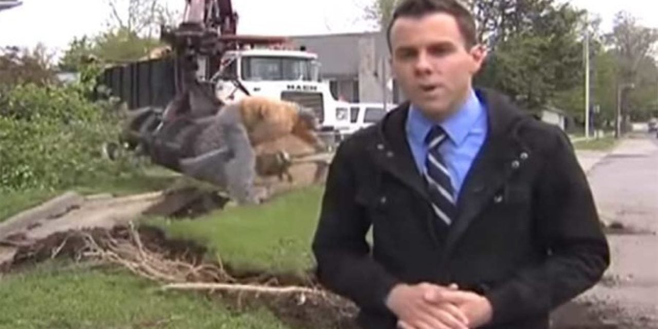 Guy Narrowly Escapes Death by Chainsaw Right Behind TV Reporter