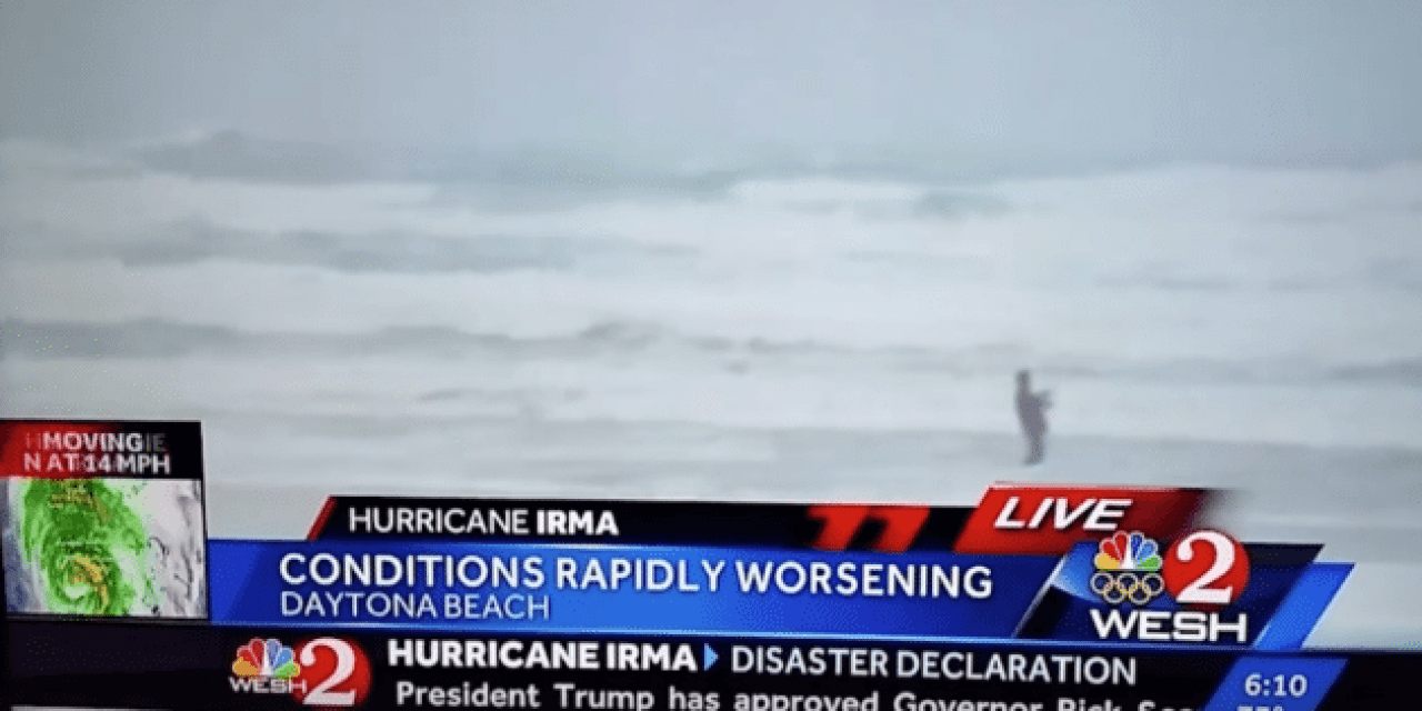 News Crew Films Guy Fishing From the Beach During Hurricane Irma
