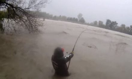 Tough Angler Braves Flood-Swollen River to Catch Catfish