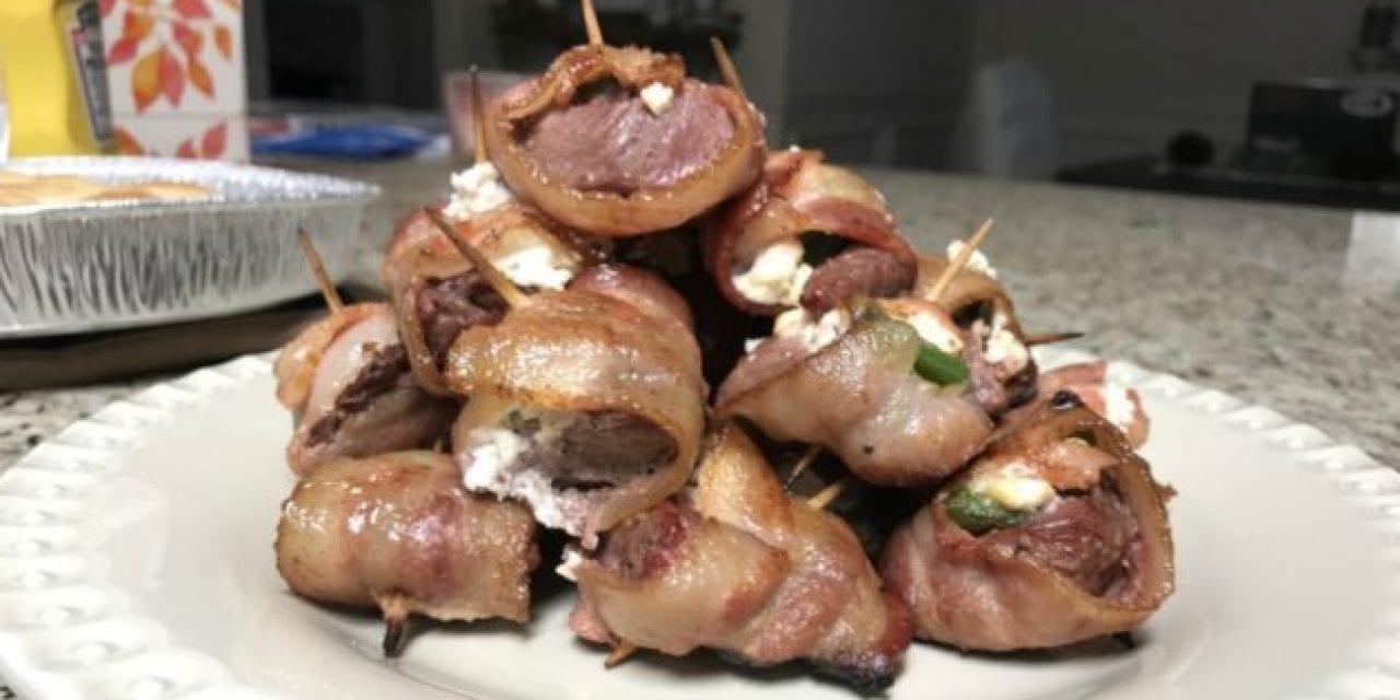 Goat Cheese and Bacon Wrapped Venison Jalapeño Poppers