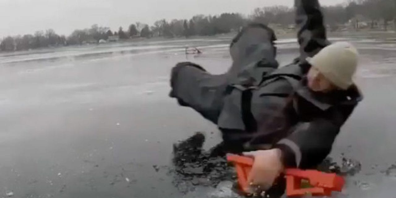 Video: Ice Fisherman Slides Across Ice Trying to Save Rod