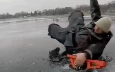 Video: Ice Fisherman Slides Across Ice Trying to Save Rod