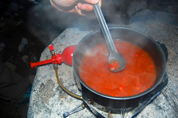 Salsa soup showing rehydrated bell peppers