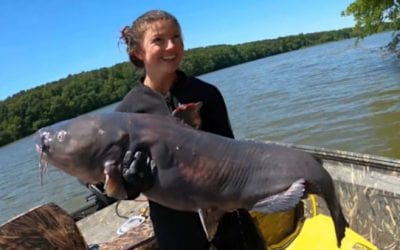 Hannah Barron Noodles a New Personal Best 61-Pound Blue Catfish in Freezing Waters