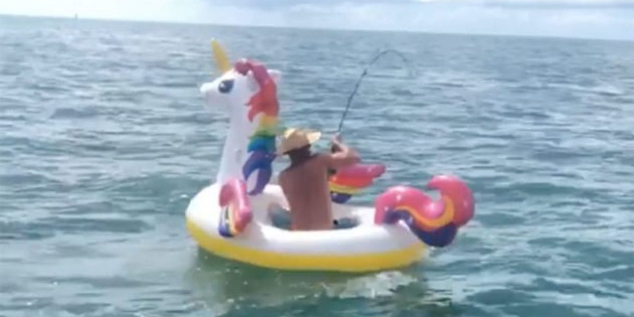 Guy Lands a Tarpon From a Rainbow Unicorn Floaty