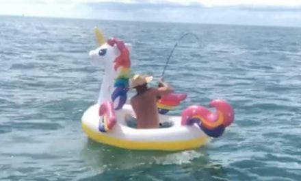 Guy Lands a Tarpon From a Rainbow Unicorn Floaty