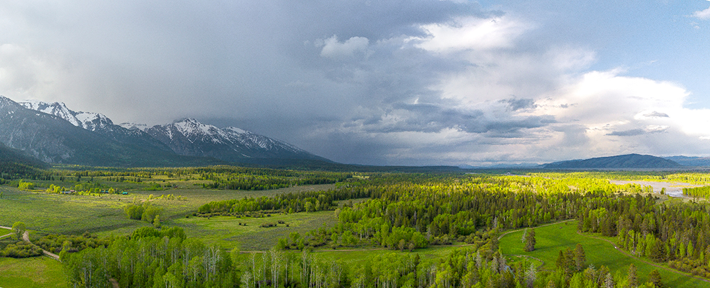 Panoramic image above R Lazy S ranch in Jackson Hole, Wyoming.