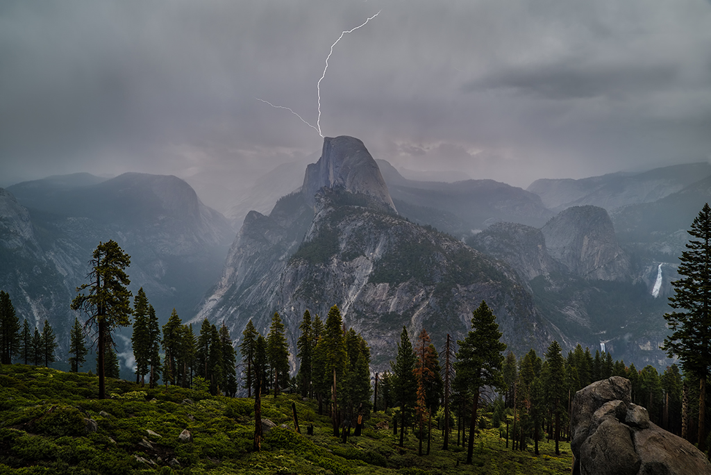 Photo of lightning storm at Half Dome.