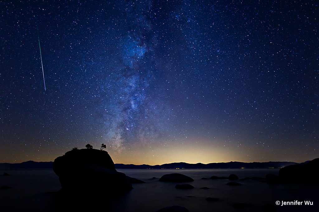 Image of a meteor in the night sky at Lake Tahoe.