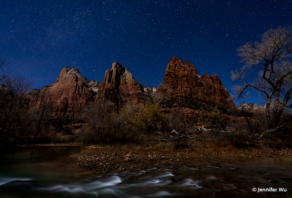 Moving water during a night exposure in Zion National Park.