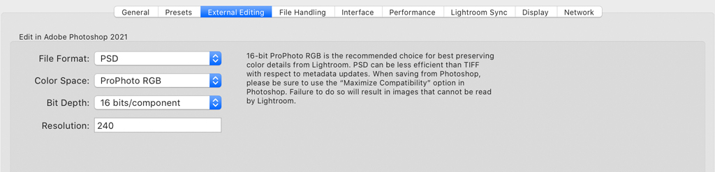 Screen shot of Lightroom file output options.