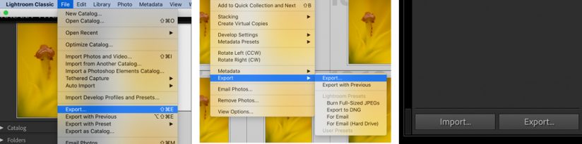 Image showing three ways to launch Lightroom's Export dialogue.