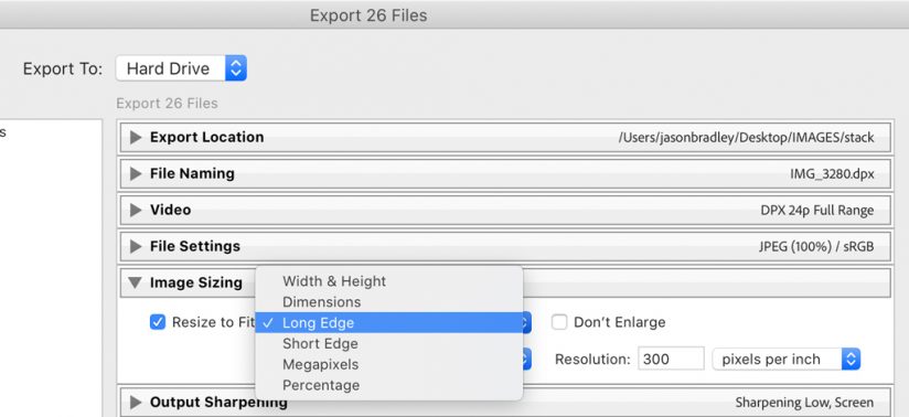 Screen shot of Lightroom's Resize to Fit options.