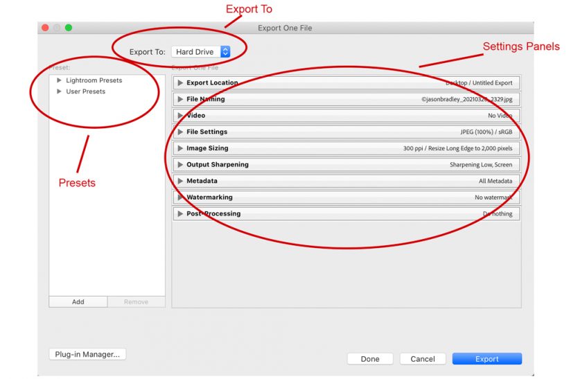 Screen shot of Lightroom's Export dialogue.