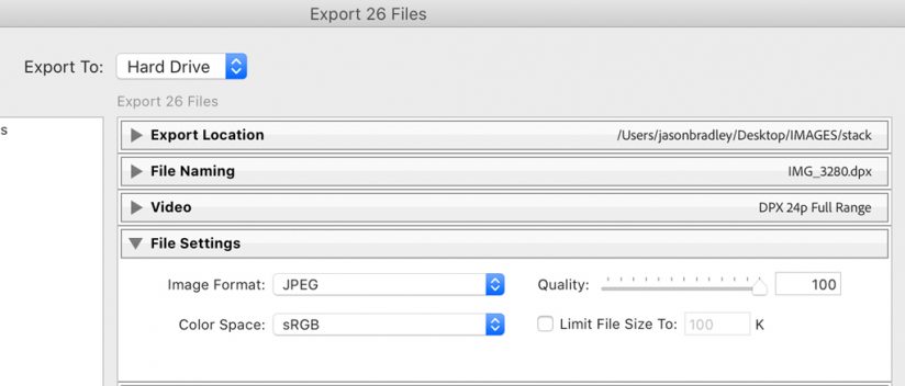 Screen shot of JPEG compression settings in Lightroom.