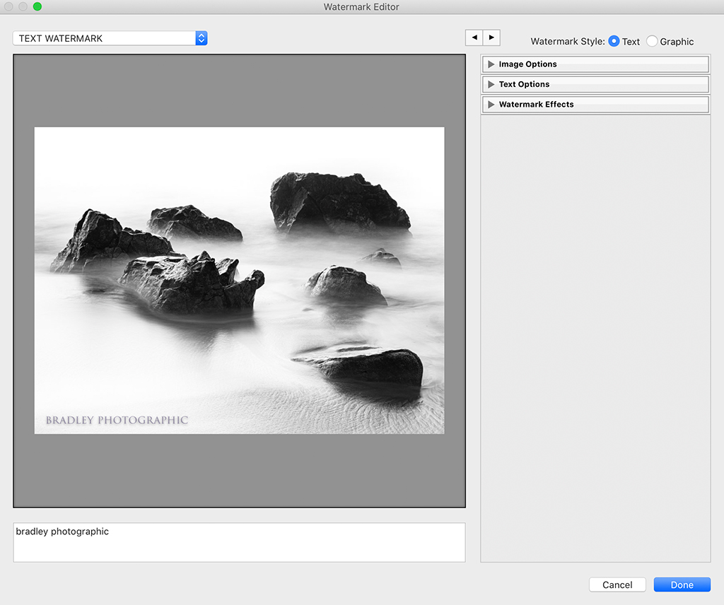 Adobe Lightroom's Watermark Editor.