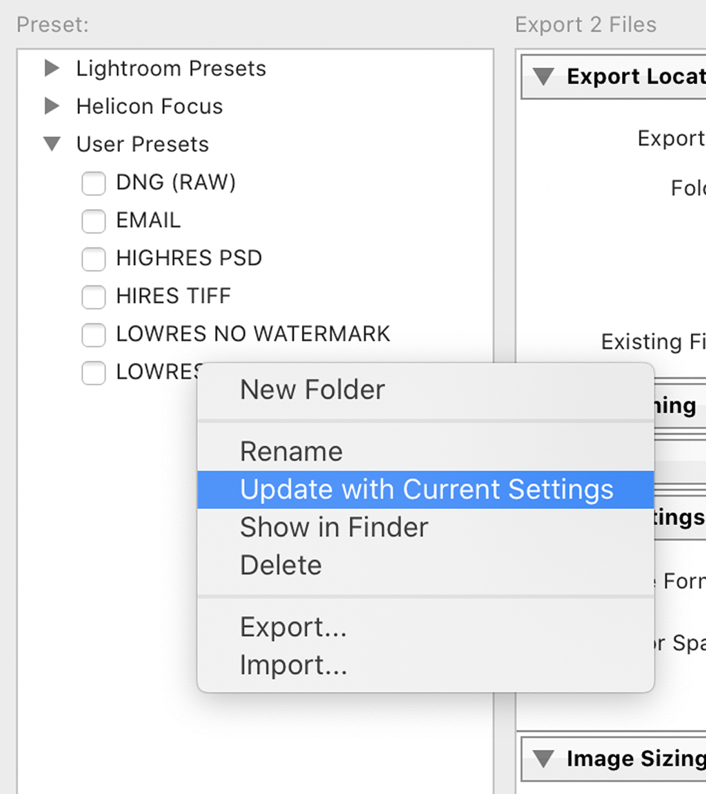Screen shot showing how to update a Lightroom user preset.
