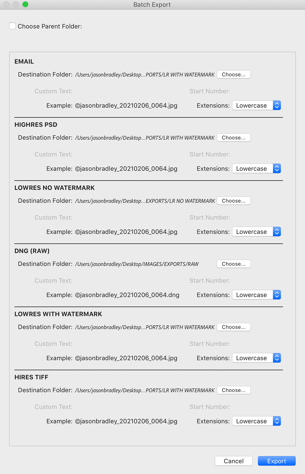 Lightroom's batch export panel.