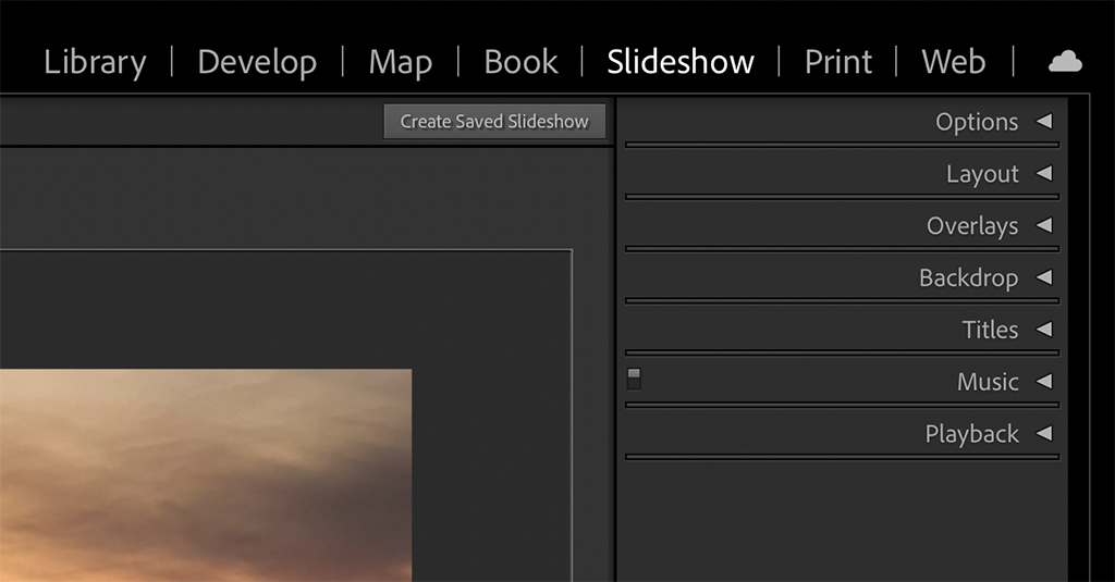 Screen shot of Lightroom's slideshow settings.