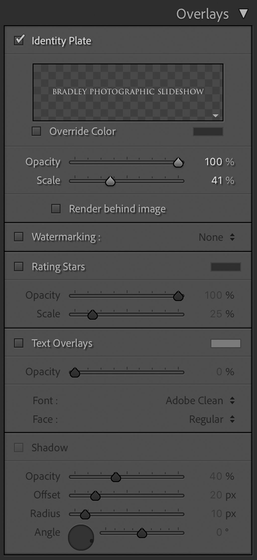 Screen shot of Lightroom's Overlays panel. 