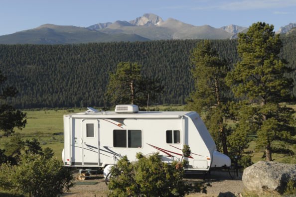 A travel trailer in Rocky Mountain National Park Campground.