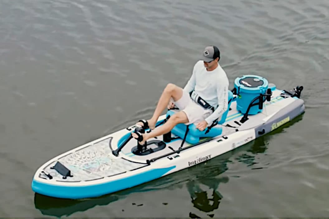 A stand-up paddleboard/kayak hybrid for fishing.