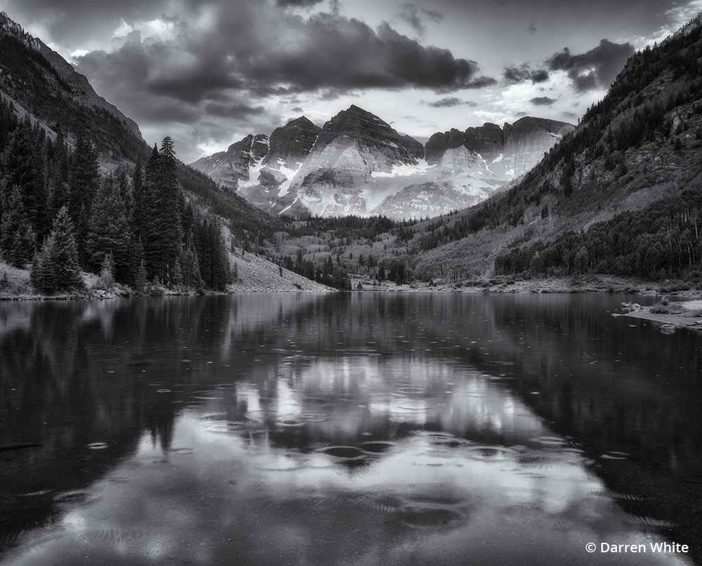 Monochrome landscape photo “Morning Rain at the Bells.”