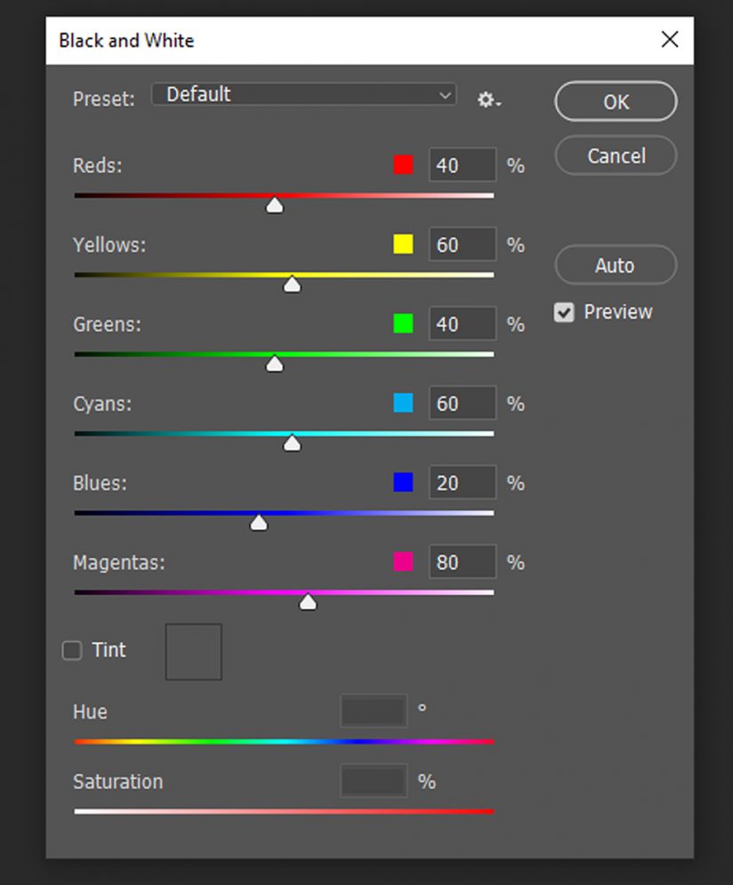 Options in Photoshop's Black & White tool.