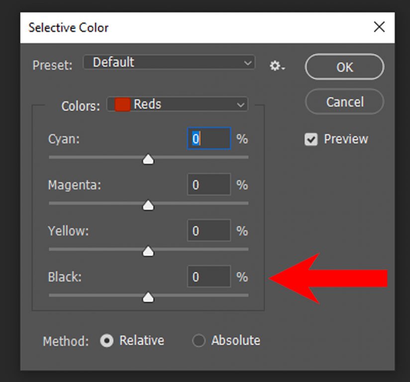 Screen shot indicating the Black slider in Photoshop's Selective Color tool.