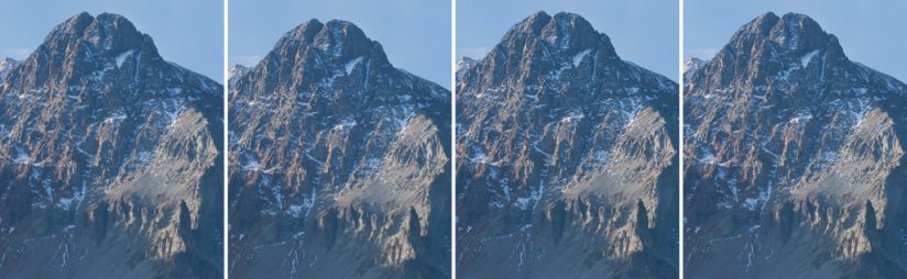 Detail comparing Adobe Super Resolution to competitors on a fall mountain scene.