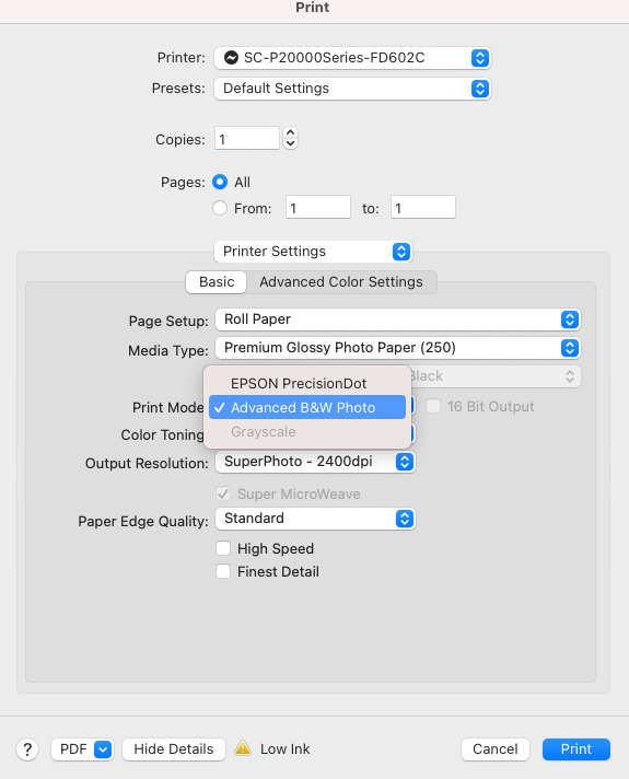 Black-and-white printing printer settings