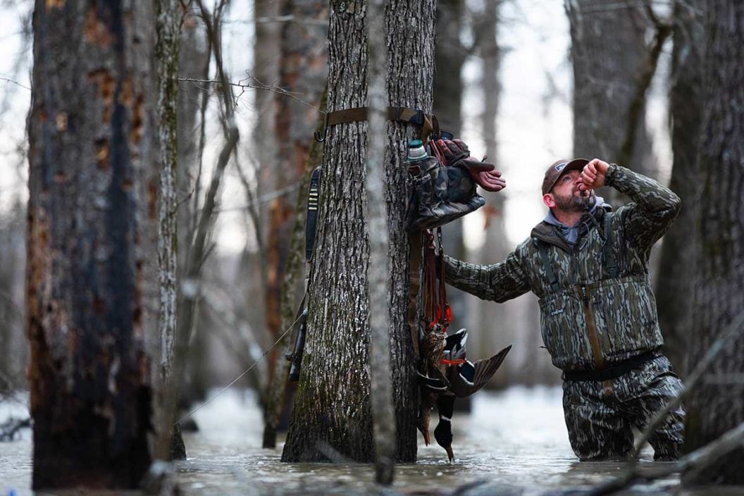 Hunter wearing Chêne Gear waders calls ducks in flooded timber.