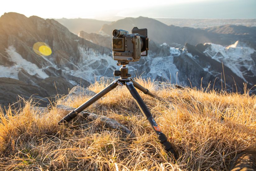 Image of the K&F CONCEPT X324C4 carbon fiber tripod with legs splayed