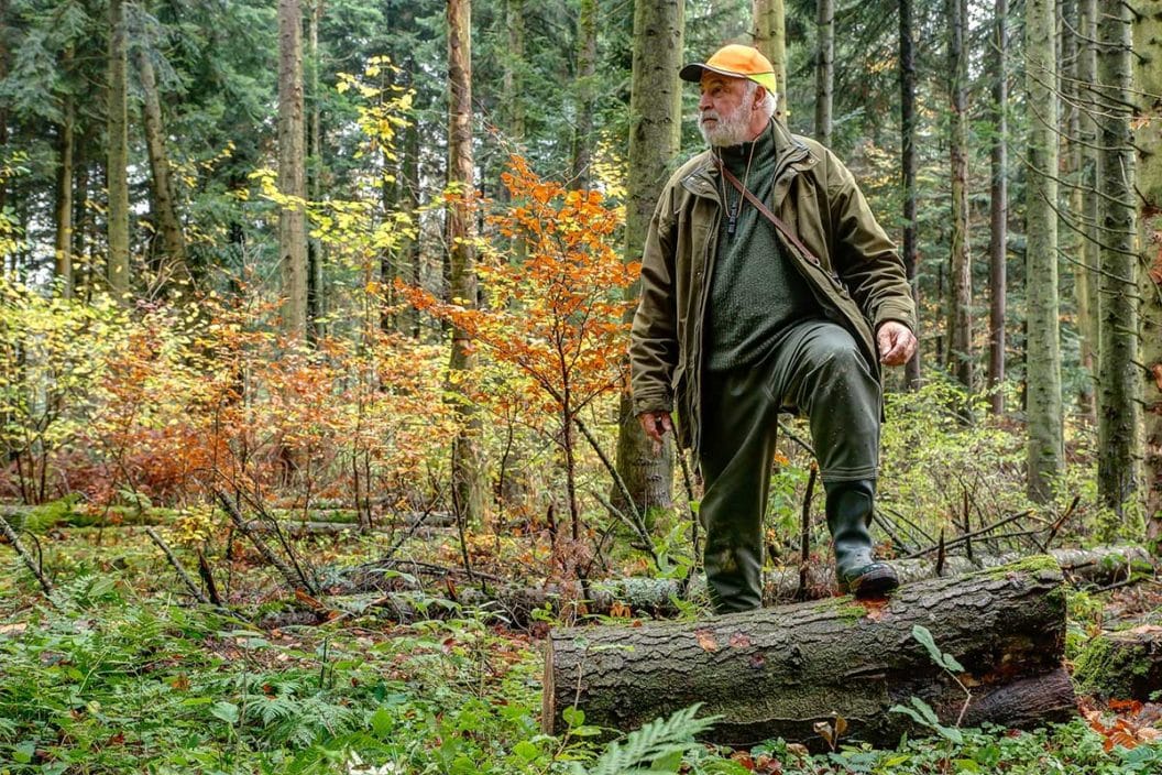 A man stands in the woods looking off into the distance