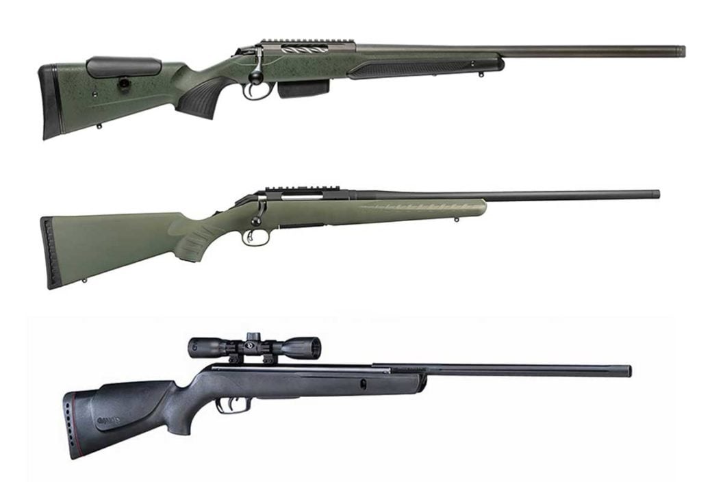 Three varmint rifles for hunting pests on a white background