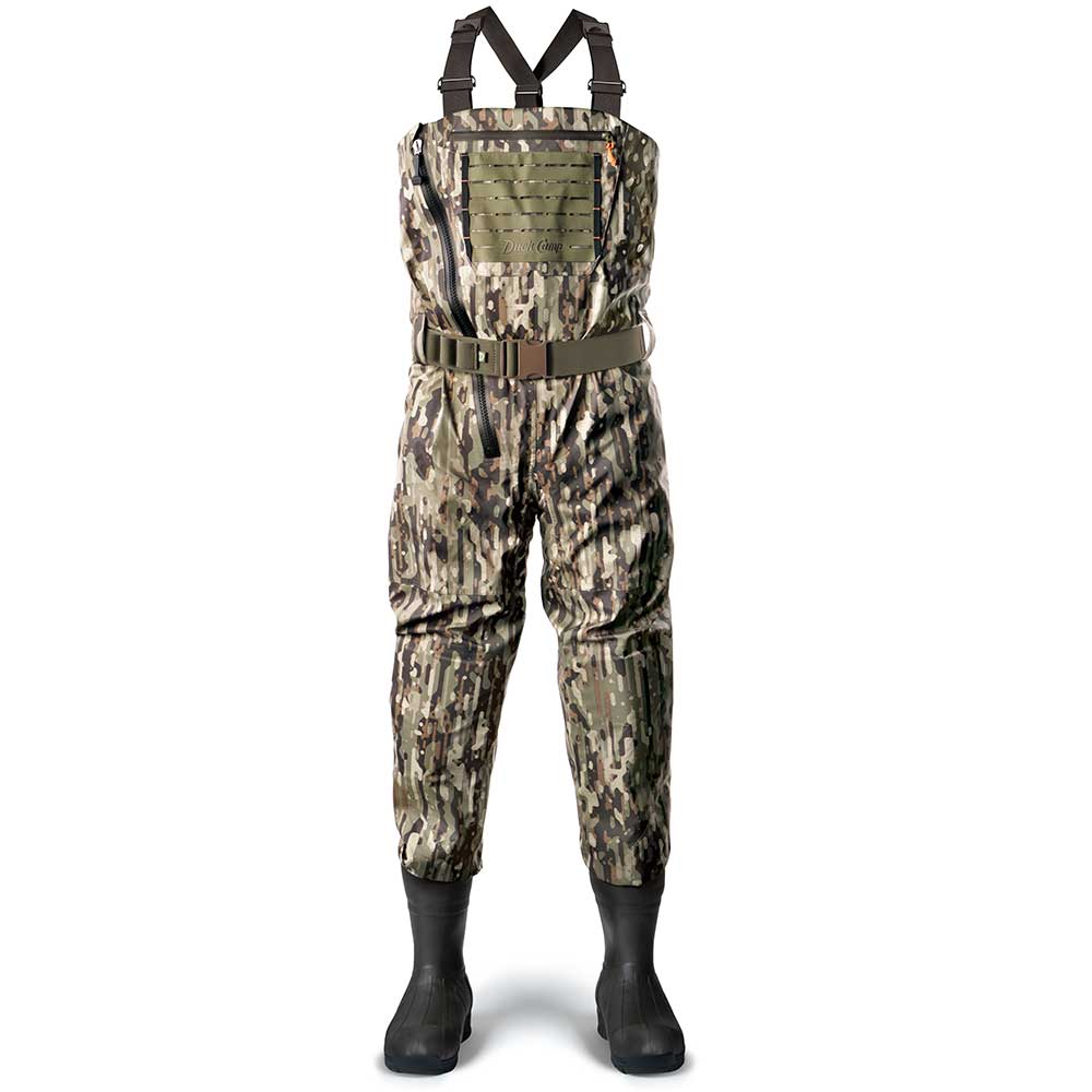 Duck Camp Zip Waders in Woodland Camo on white bcakground