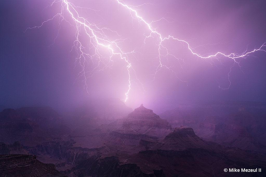 Photo of a nighttime lightning strike in Grand Canyon