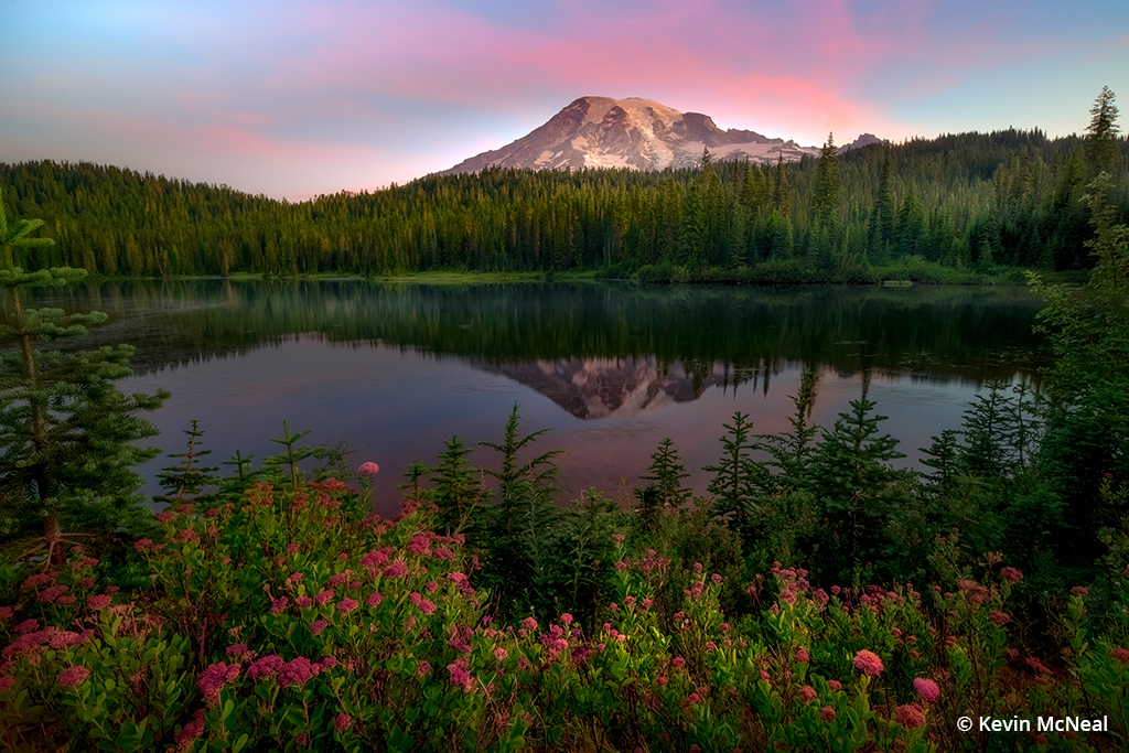 Photo of Reflection Lakes with spirea flowers