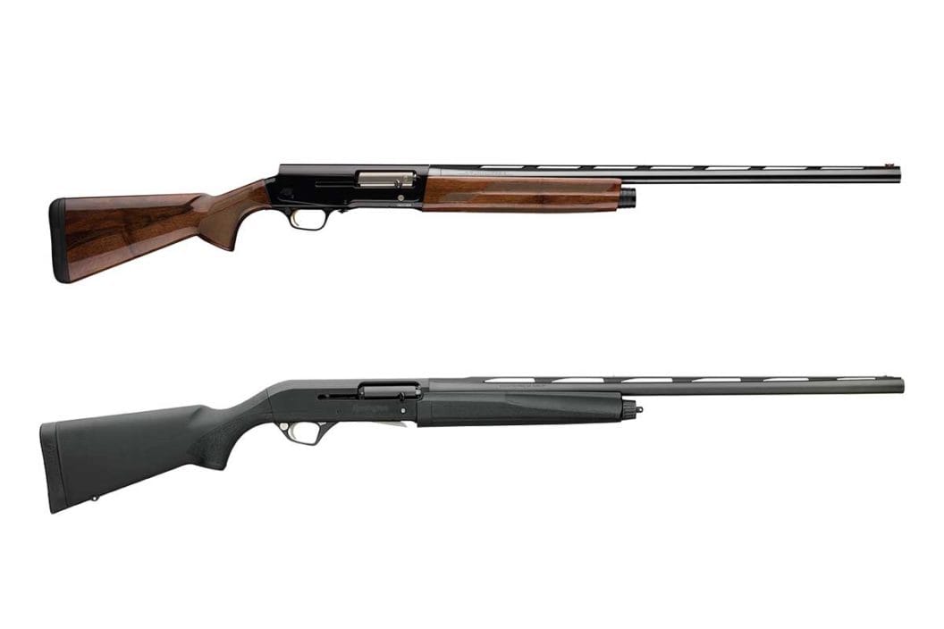 A Browning A5 Hunter and a Remington Versa Max, two semi-auto shotguns on a white background