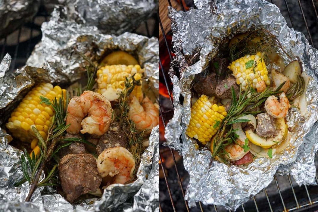 Two photos of a Surf and Turf Foil Packet cooked over a campfire