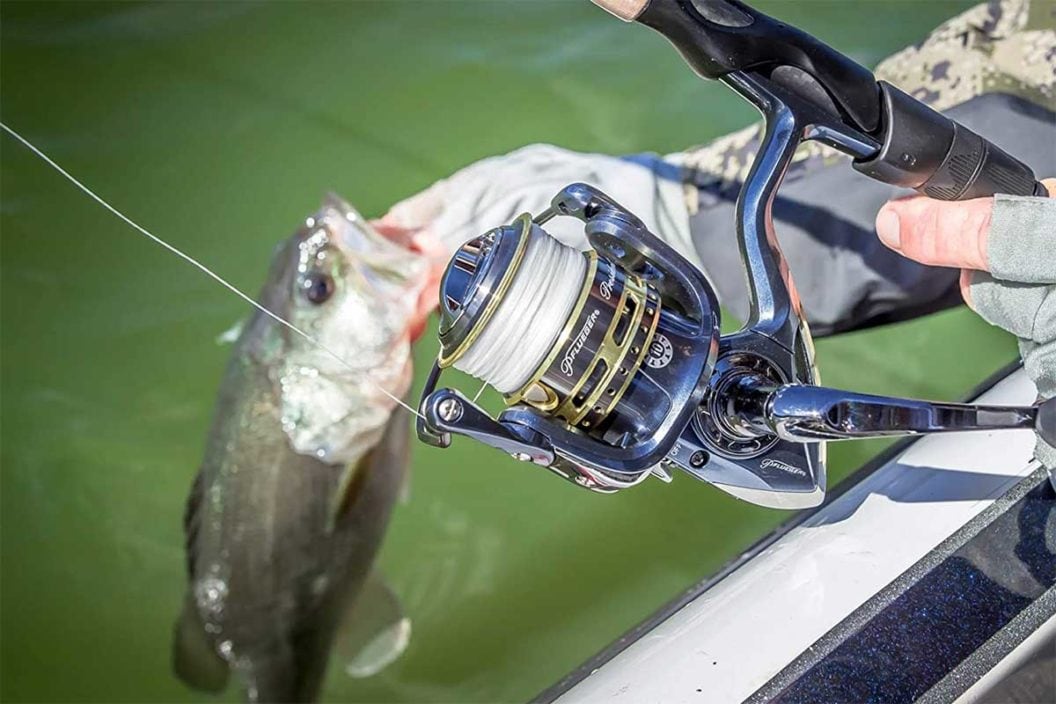 Spinning reel with bass caught in the background