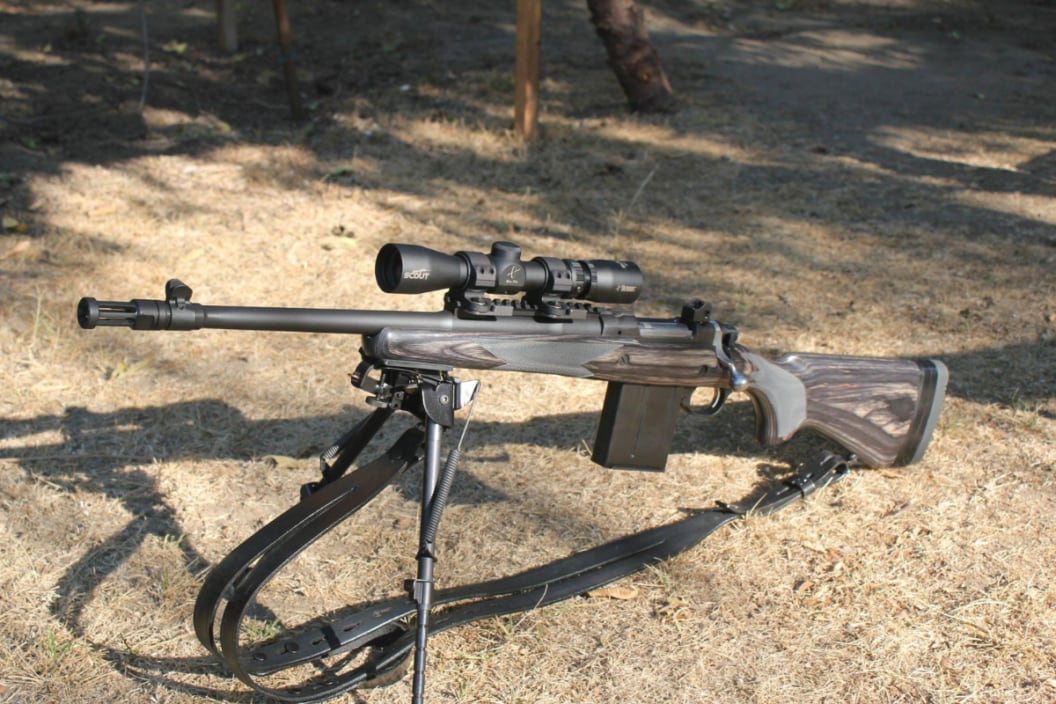 This picture is of a Ruger M77 Gunsite Scout Rifle chambered in .308Win. The gun is the left handed black 16.5" model with the Burris Scout Scope, Harris Bipod and Galco Safari Ching Sling.
